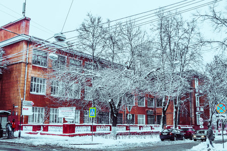 Winter streets of big cities, people, trees, frostの写真素材