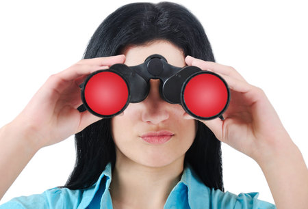 Isolated business woman search with binocularの写真素材