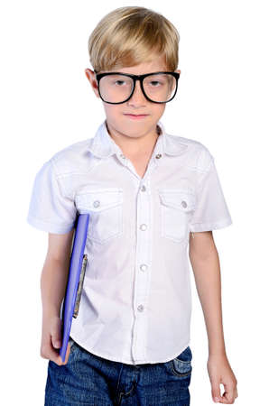 young nerd boy on whiteの写真素材