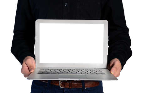 Isolated young business man showing notebookの写真素材