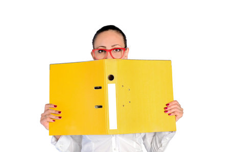 young business woman with yellow dossier on white