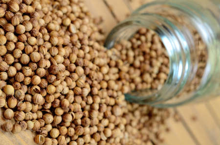 coriander seed on wooden tableの写真素材