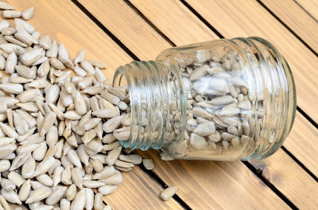 sunflower seed on wooden tableの写真素材