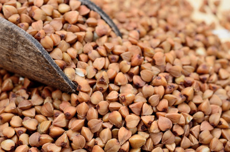 brown buckwheat on wooden tableの写真素材
