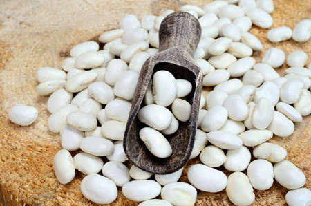 white beans in scoop on wooden tableの写真素材