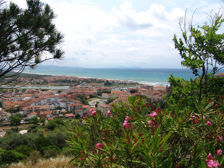 view over a village in Tuscanyの写真素材