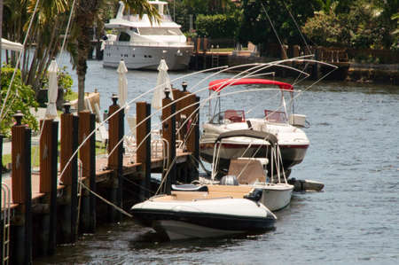 Speedboat Pier Harbour three motor boatsの写真素材
