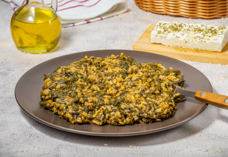 Spanakorizo Greek dish of spinach and rice  in tomato sauceの写真素材