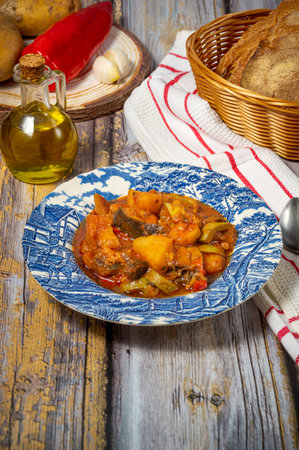 Traditional Greek tourlou or briam made of vegetables, potatoes aubergines, peppers, tomatoesの写真素材