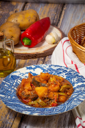 Traditional Greek tourlou or briam made of vegetables, potatoes aubergines, peppers, tomatoesの写真素材