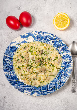 Magiritsa - Greek lamb soup with egg and lemon sauce. Traditional Easter dishの写真素材