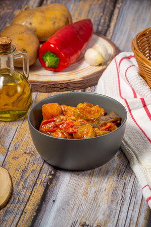 Traditional Greek tourlou or briam made of vegetables, potatoes aubergines, peppers, tomatoesの写真素材