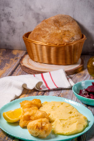 Cod fish with a potato garlic mash - Bakaliaros Skordaliaの写真素材