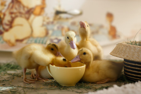 Five little yellow ducklings drink a water from big cup. Little ducklings drink water.の写真素材