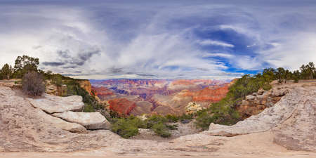 Spherical panorama of 360 degrees Grand Canyon USA, AZ. Equidistant panorama 360 of Grand Canyon. Between Mother Point and Yavapai Point in Grand Canyon. Incredible phenomena clouds in the form of eyeの写真素材
