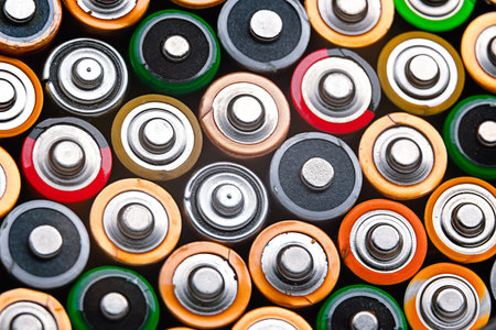 Energy abstract background of colorful batteries. Close up top view on rows of selection of AA batteries. Alkaline battery aa size. Several batteries are next to each other. Many aa batteries.の写真素材