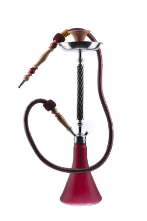 Delicate modern hookah with red rubber tube and red flask isolated on white background. Eastern...