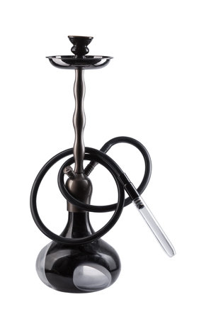 Modern black hookah isolated on white background. Eastern smokable water pipe smoking on white background. Black hookah with black rubber tube and black flask isolated on white background.の写真素材