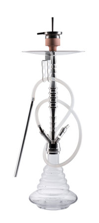 Modern transparent hookah isolated on white background. Eastern smokable water pipe smoking on white...