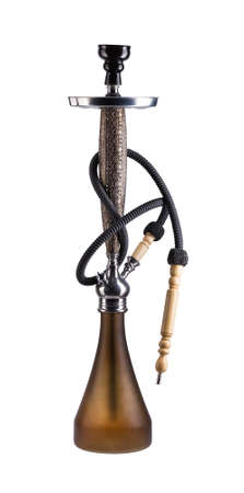 Delicate modern hookah with black rubber tube and gold flask isolated on white background. Eastern smokable water pipe smoking on white background.の写真素材