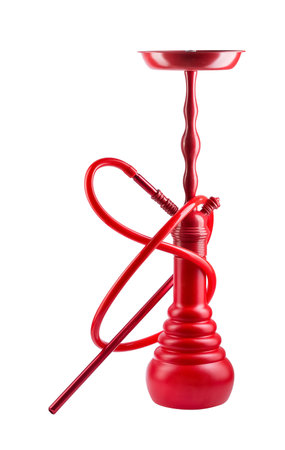Modern red hookah isolated on white background. Eastern smokable water pipe smoking on white...