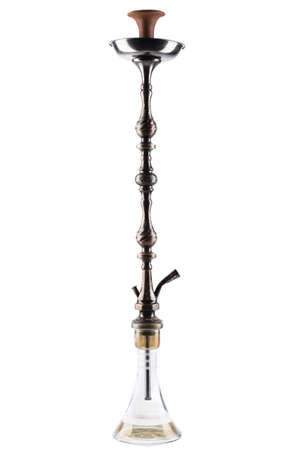 Classic hookah. Antique hookah isolated on white background. Eastern smokable water pipe smoking on white background.Old hookah with rubber tube and flask isolated on white background.の写真素材
