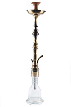 Classic hookah. Antique hookah isolated on white background. Eastern smokable water pipe smoking on white background.Old hookah with rubber tube and flask isolated on white background.の写真素材