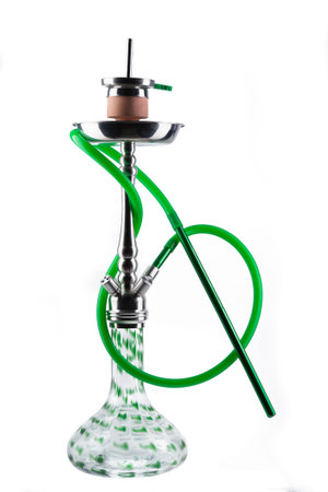 Modern green hookah isolated on white background. Eastern smokable water pipe smoking on white...