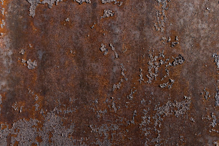 Metal sheet with peeling paint undergoes a corrosion process from the effects of time and weather....