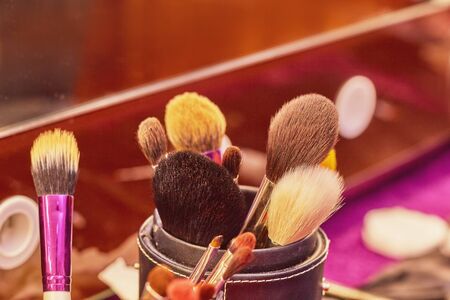 Workplace makeup artist. set of brushes for makeup.の写真素材