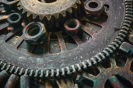 Machine gear, metal cogwheels, nuts and bolts.Selective focus