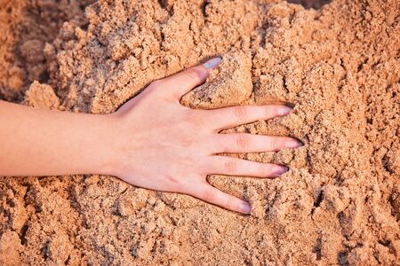 Beautiful female hand on the sand at the beach.の写真素材