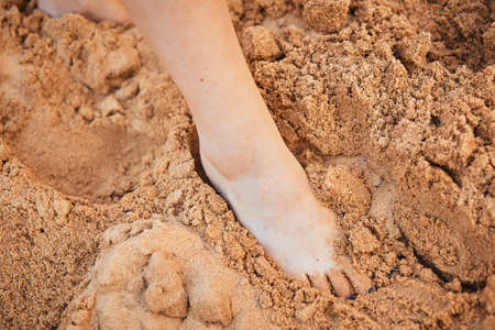 Close-up of the legs and feet of a girl walking on the wet sand of the beachの写真素材