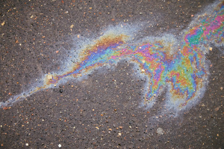 Color gasoline fuel spot on black asphalt, industrial pollution concept. Asphalt road.
