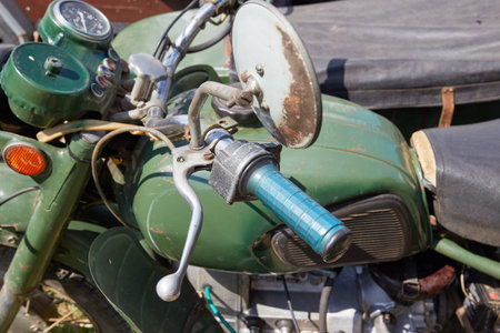 part of an old motorcycle with a sidecarの写真素材