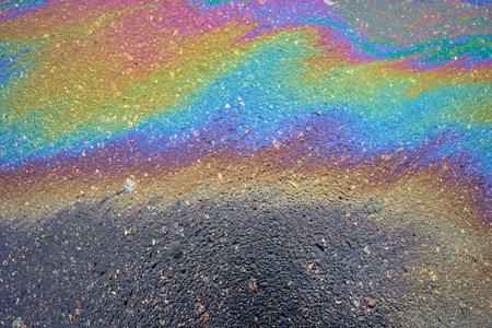 Abstract background from motor oil, gas or petrol spilled on asphaltの写真素材