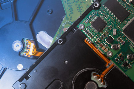 hard drive disk pattern back side closeup. The concept of data, hardware, and information technology.の写真素材