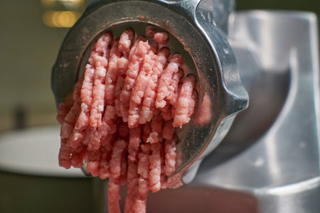 Minced meat coming out from modern electric grinder. Healthy fresh homemade minced meat. Selective focusの写真素材