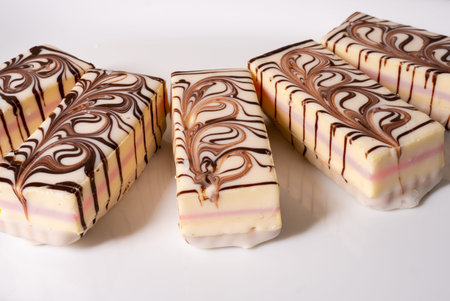 Sandwich cookies with vanilla souffle in chocolate coating stacked on a dessert plate. sweet food.