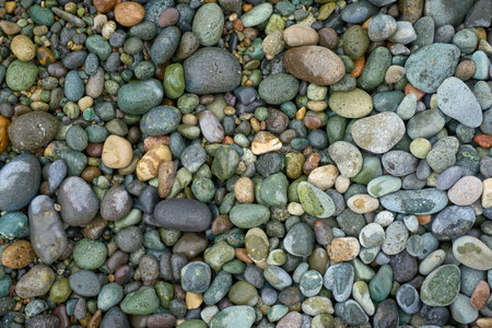 Pebble beach stones background, natural rounded gravel on the seashoreの写真素材