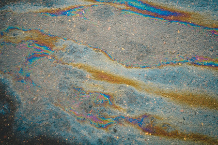 Oil stains on wet asphalt. Puddles are contaminated with multicolored streams of oil.の写真素材