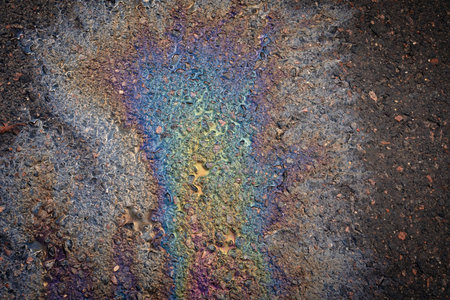 An oily iridescent stain of gasoline or oil spilled on the road.