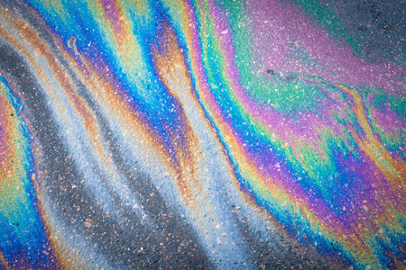Multi colored oil spill on asphalt road, abstract background.