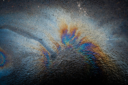 Abstract background from motor oil, gas or petrol spilled on asphalt.