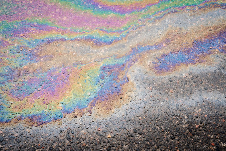 Oil stains on wet asphalt. The concept of environmental pollution, oil spills and environmental problems.の写真素材