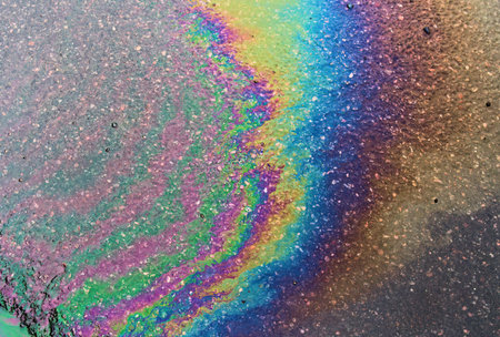 Spills of fuel or oil on the asphalt road as texture or background.の写真素材