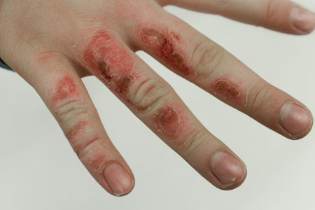 Wound of a child's hand with a thermal burn of the skin after boiling water on a light background....
