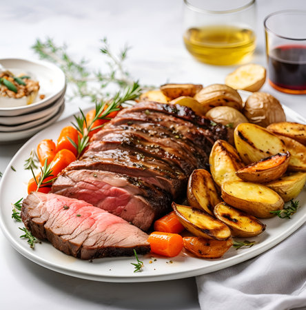 Plate of beef fillet with potatoes and a glass of wineの素材