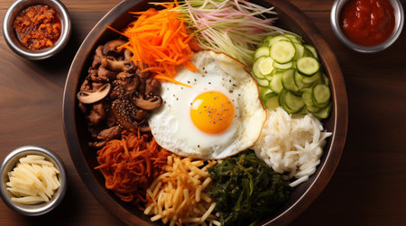 Bibimbap, rice noodles with fried egg and vegetables on wooden backgroundの素材