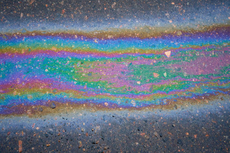 Multi-colored poisonous spots of spilled gasoline on wet pavement during rain. Rain blurred the car oil from a malfunctioning car in a parking lotの写真素材